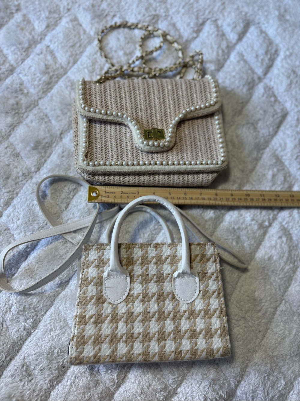 2 Woven bags. Pearl-Trim Crossbody Bag in Beige and beige and cream handbag